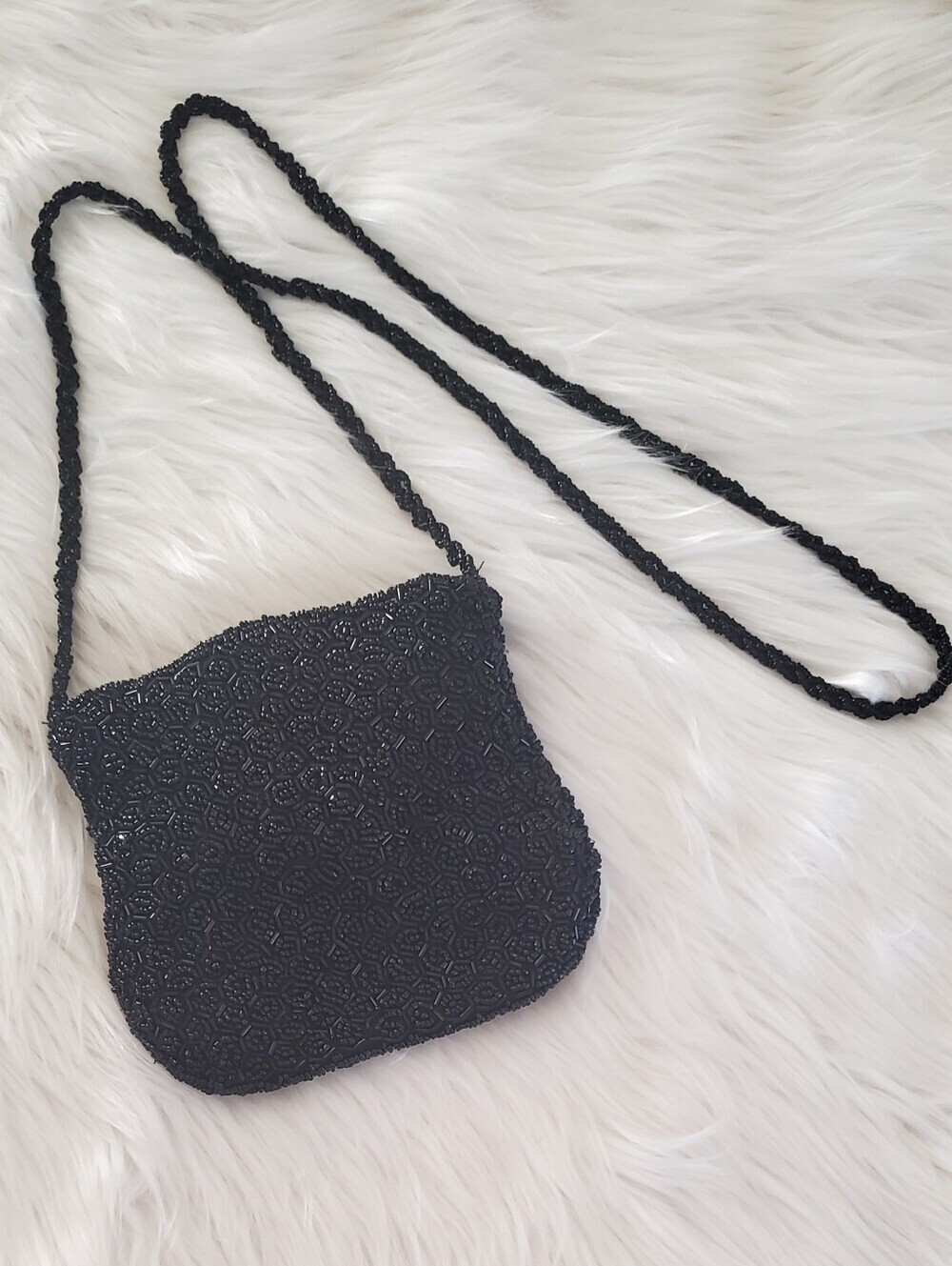 Black Hand-Beaded Crossbody Purse Evening Bag Formal Cocktail Vintage Style